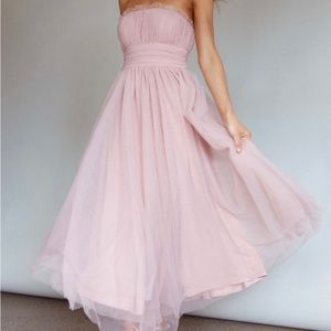 Strapless Pink Tulle Midi Dress